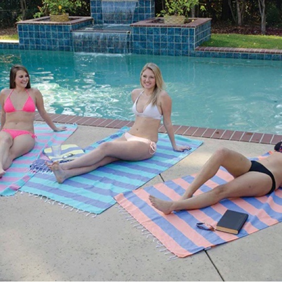 Chaput’s Turkish Cotton Towel - Pink Green Stripe - Wrap Blanket BOHO Vibes Swim - Picture 6 of 9